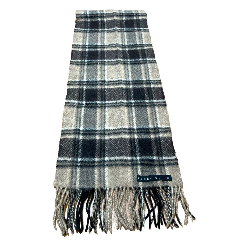 Perry Ellis dark brown and tan plaid wool scarf.